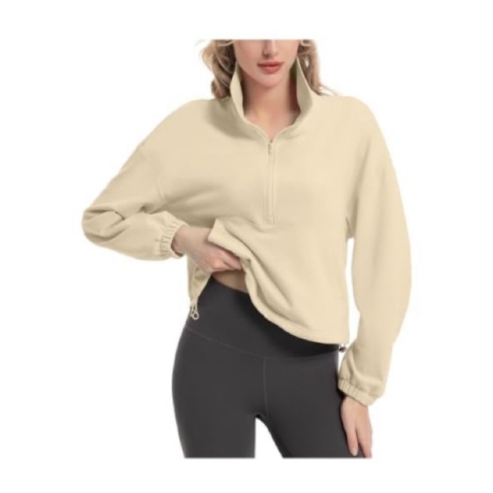Quarter Zip Pullover Women Cropped Sweatshirt Long Sleeve w/Drawstring